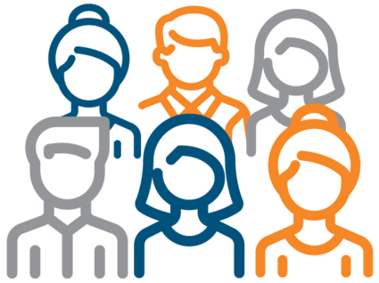 Icon line drawing of a diverse team of six; diversity represented with the use of three colors: blue, gold, and gray.