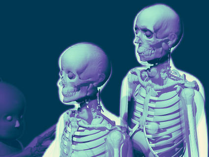 A composite image of two sets of phantoms. On the left is a mother holding her child. The opacity is very low and the image is colored medium to dark purple. On the right is a set of female and male phantoms, with visible bones and an outline of where the body would be. They are colored light green, teal, and purple.