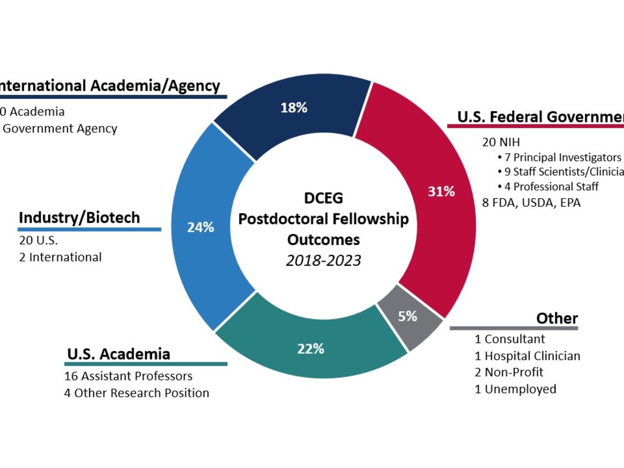 A pie chart depicting the percentage of career outcomes of DCEG fellows: International Academia/Agency, U.S. Academia, Industry/Biotech, U.S. Federal Government, and other.